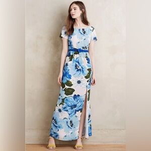 Anthropologie Paper Crown Maxi Dress Womens M Blue Floral Slit Dayflower